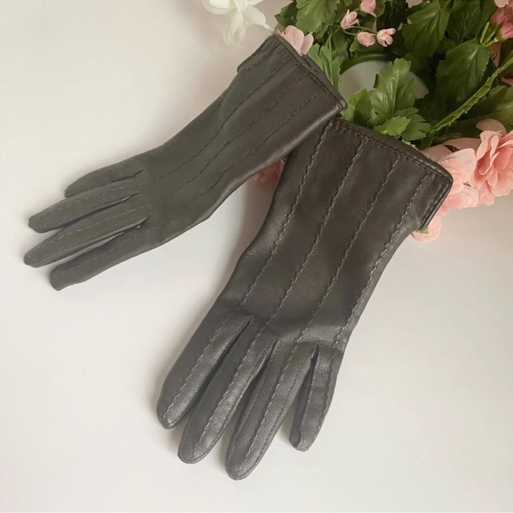 Vintage Brown Nylon Rabbit Fur Lined Gloves